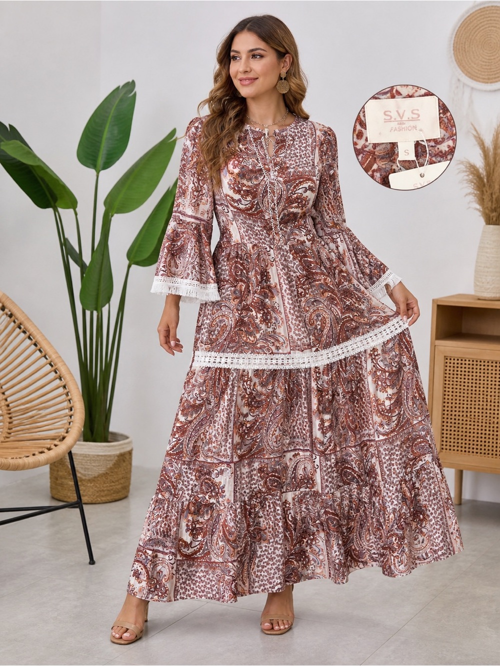 SVS Paisley Tiered Maxi Dress in Brown and Cream
